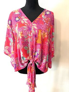 Adrienne Large Hot Pink Floral Tie-Front V-Neck Blouse